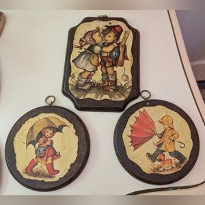Vintage 60s Hummel Style Wood Wall Plaques Set of 3 Kissing Children Umbrella Ar